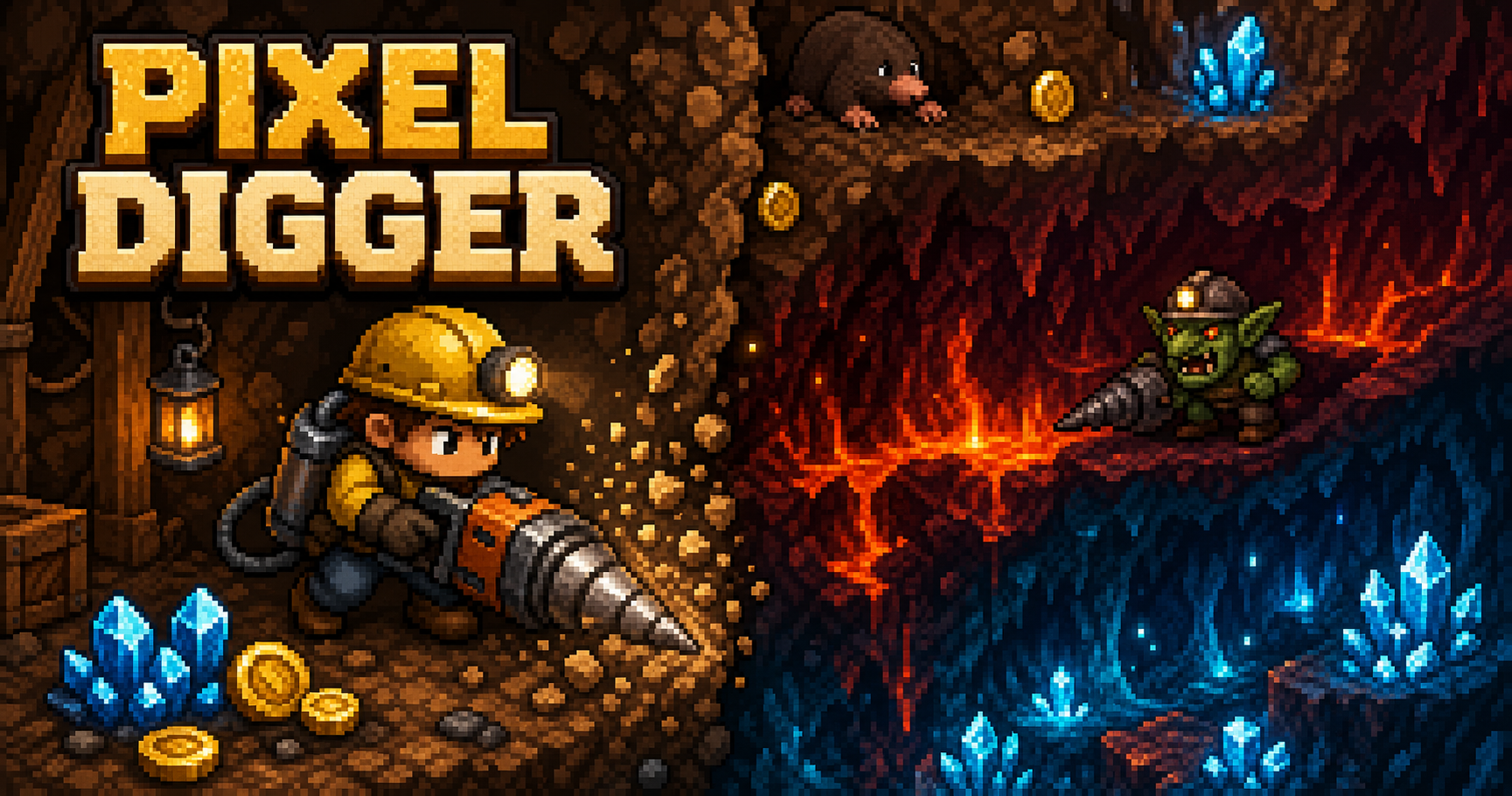 Pixel Digger miner drilling through an underground mine filled with lava, crystals, coins and monsters